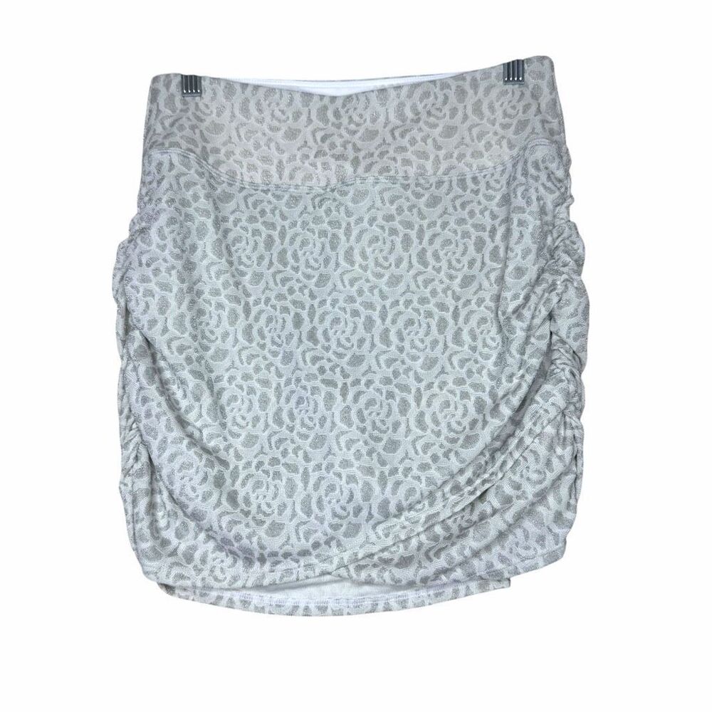 NEW Halara Ruched Side Shimmer Print Skort White Silver Floral Jacquard Built-In